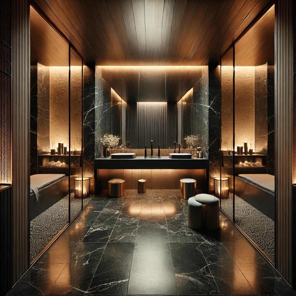 Exklusives Spa-Badezimmer in dunkler Marmoroptik mit indirekter Beleuchtung und goldenen Akzenten