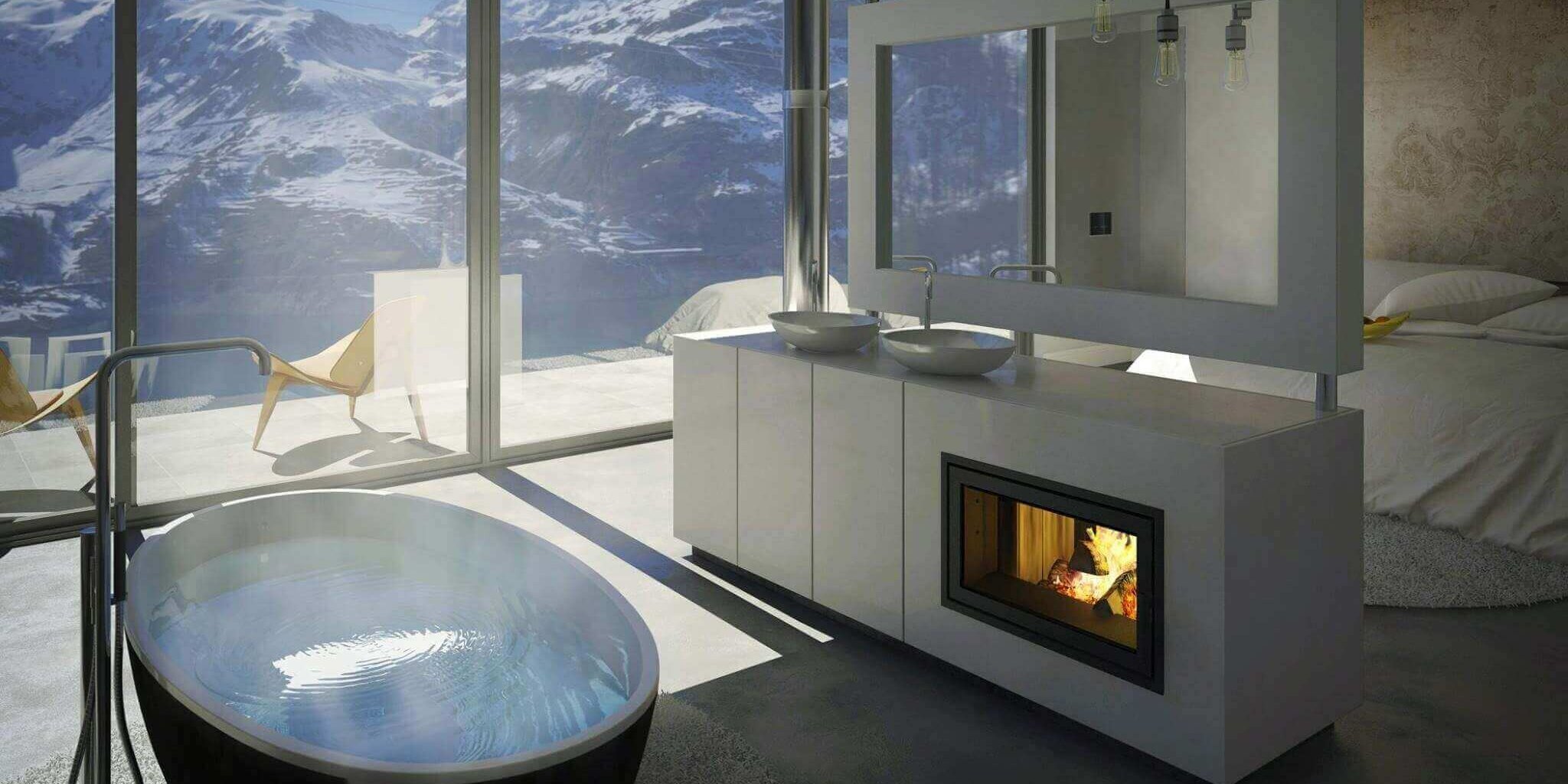 Modernes Bad en suite mit Alpenblick Bad en suite mit Kamin als Trennelement zwischen Bett und Badewanne