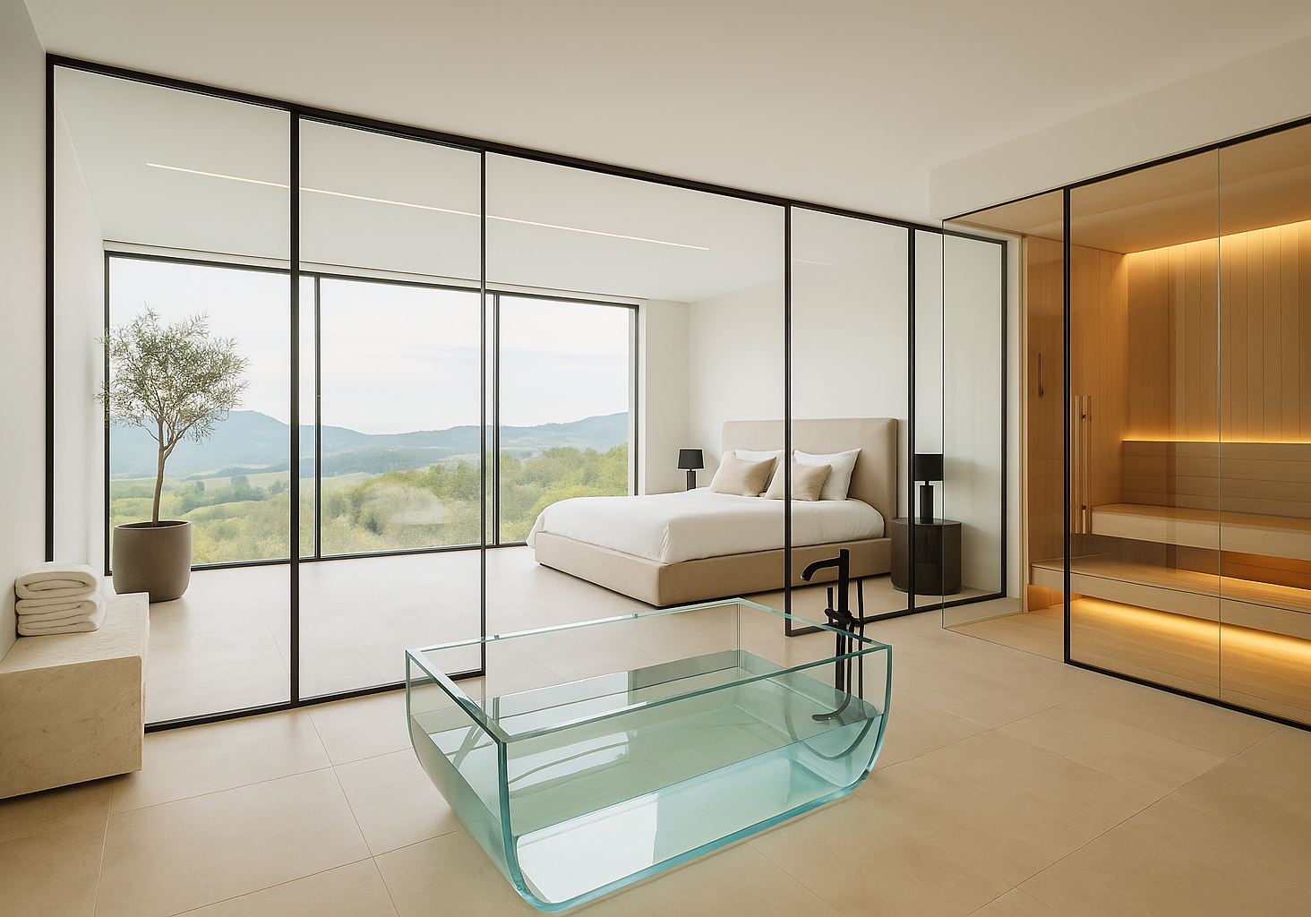Luxuriöses Bad en Suite mit glasklarer Designer-Badewanne, angrenzendem Schlafzimmer und integrierter Sauna.