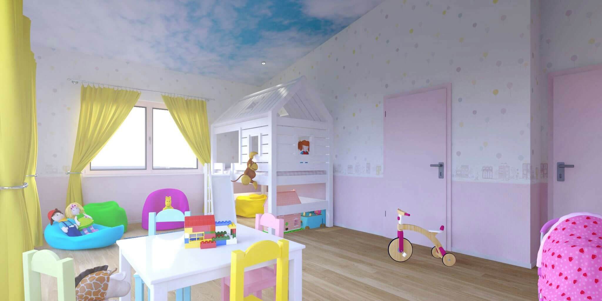 Kinderzimmer Design in hellen Pastellfarben mit Spielhaus, Tisch und Kinderwagen