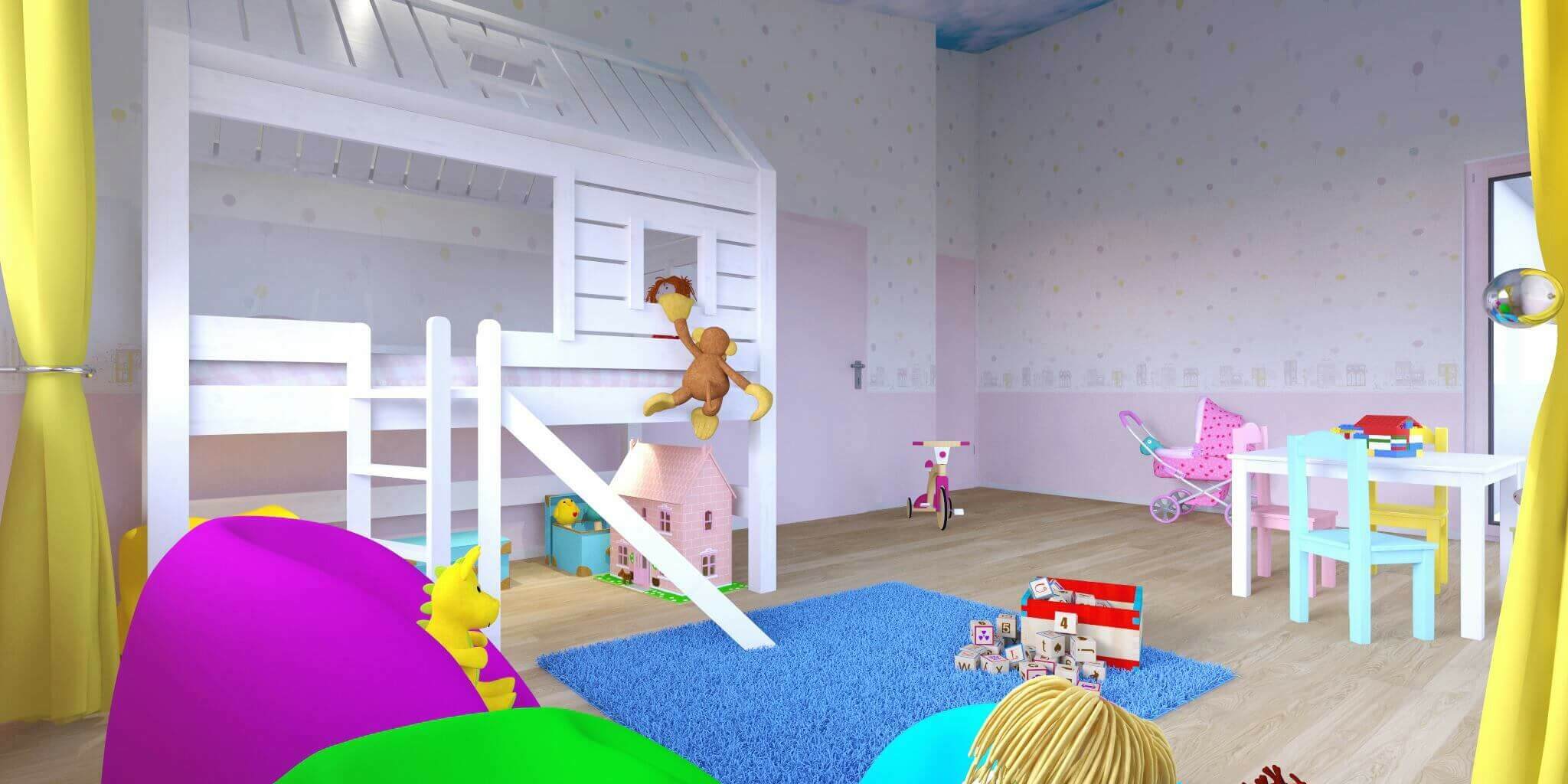 Visualisierung von modernem Kinderzimmer Design mit Sitzsäcken und Spielhaus