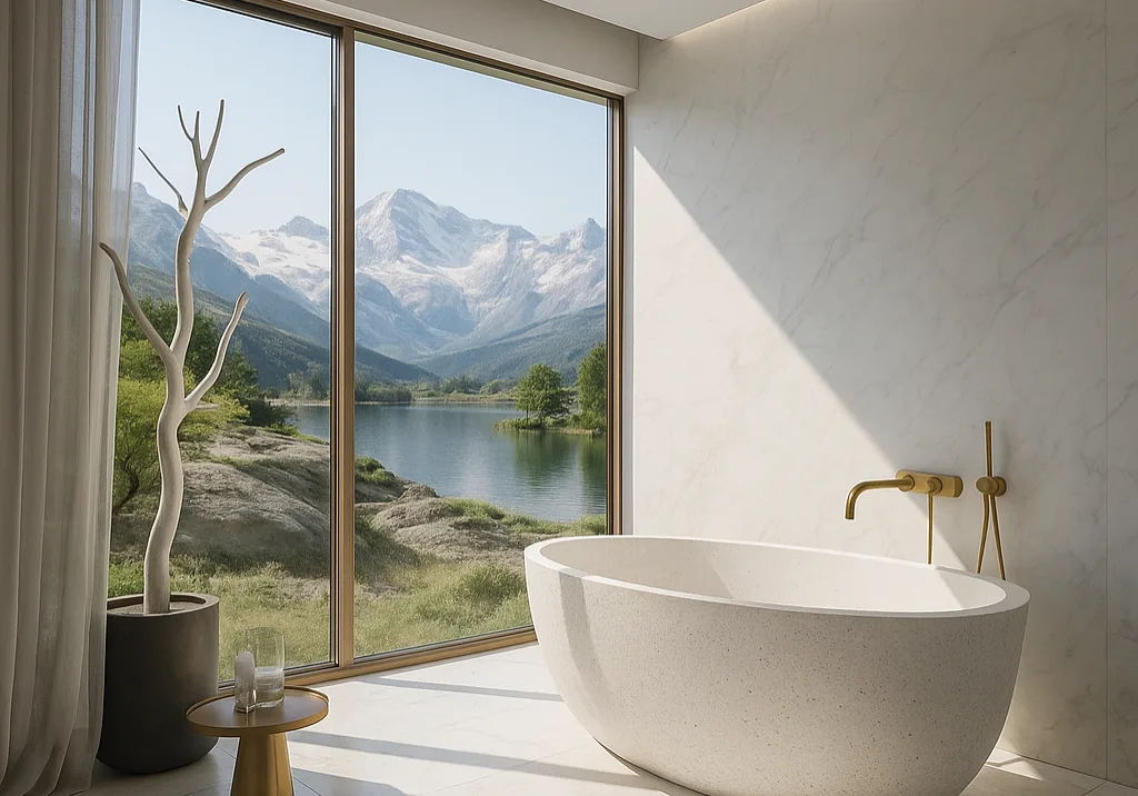 Exklusives Badezimmer mit freistehender Wanne und Bergblick – Design by Torsten Müller
