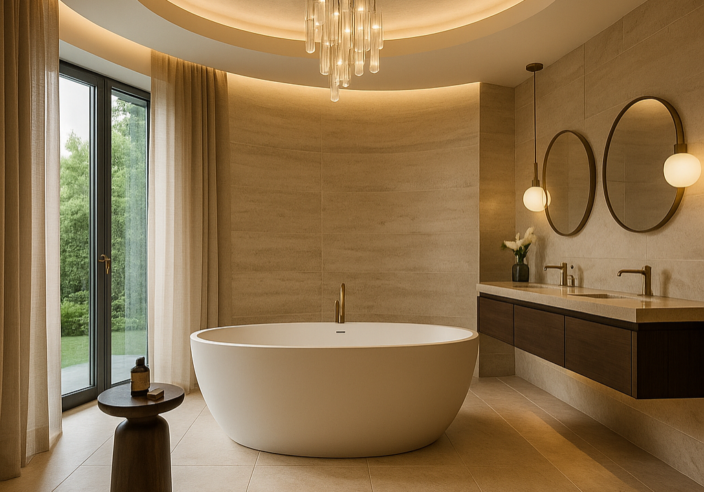 Luxuriöses Badezimmer mit freistehender Badewanne und indirekter Beleuchtung – Design by Torsten Müller