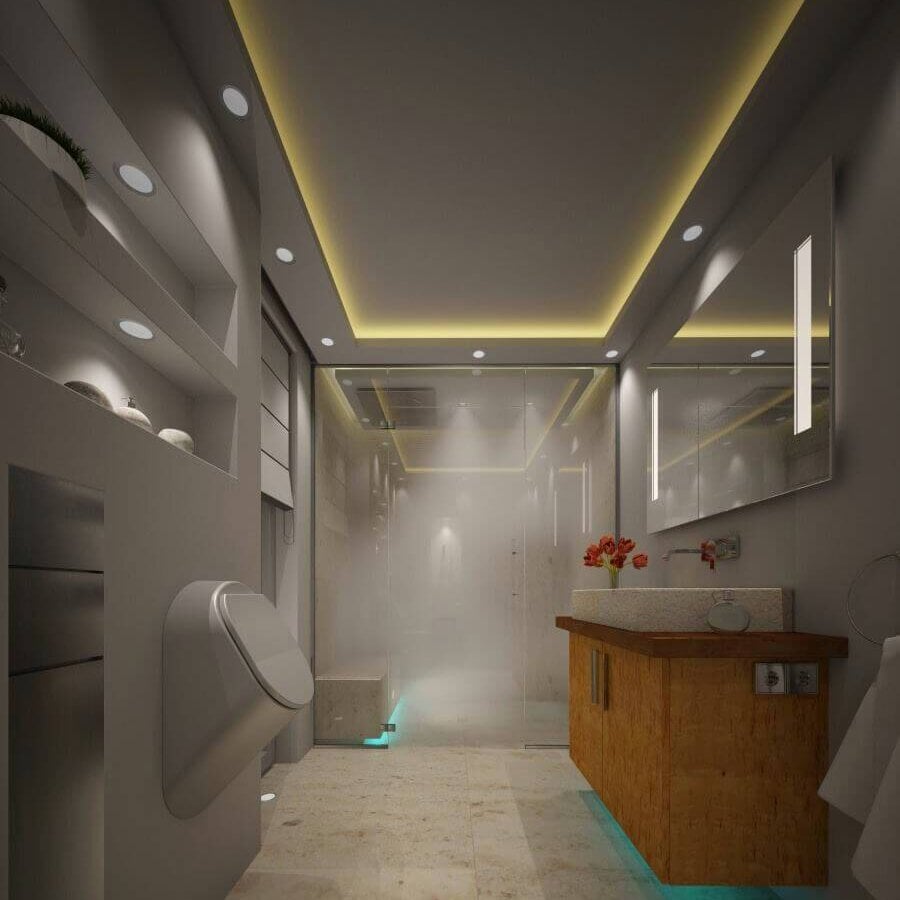 Moderne Bäder für kleine Räume Modernes Badezimmer mit Waschbereich, WC und Dusche sowie Lichtvouten entlang der Decke