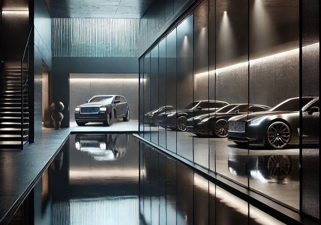 Luxuriöse Tiefgarage mit minimalistischem Pool-Design und edler Fahrzeugkollektion