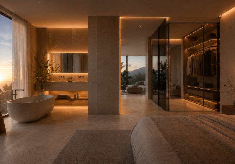 Bad en Suite mit freistehender Badewanne, offener Ankleide, Schlafzimmer und Meerblick als hochwertige Master Suite.