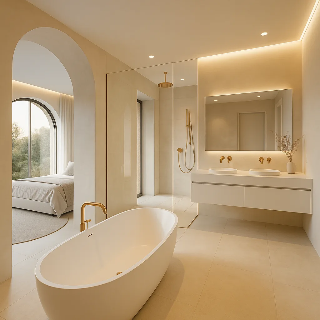 Modernes Bad en Suite mit freistehender Badewanne, Regendusche und luxuriösem Lichtkonzept in Naturtönen.