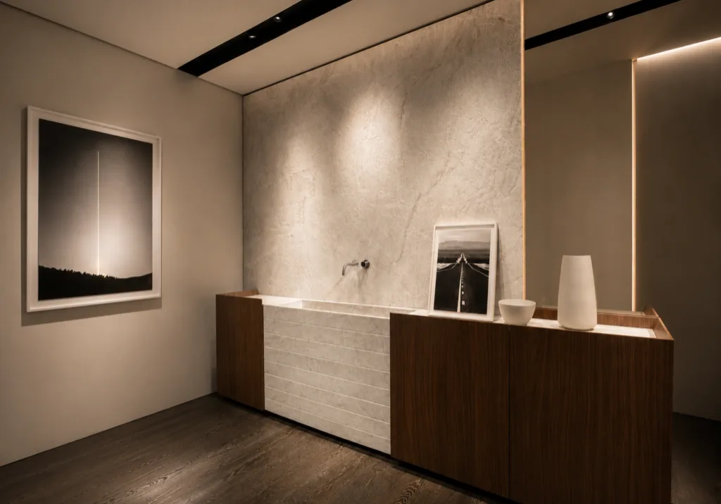 Modernes minimalistisches Luxusbad mit Natursteinwand, indirekter Lichtführung, dunklem Holzboden und ruhiger Spa-Atmosphäre auf dem Salone del Mobile 2026
