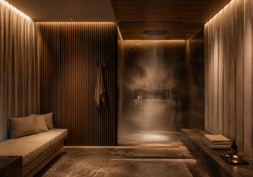Private Spa mit Holz, Naturstein und akustisch beruhigender Raumgestaltung für eine angenehme Klangwirkung