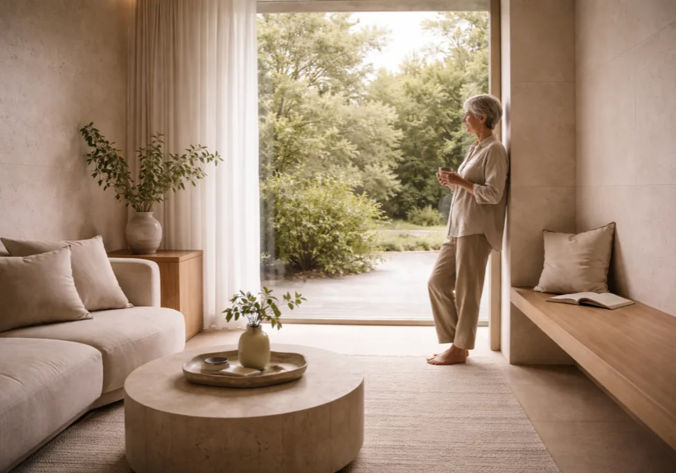 Ruhiger Wohnraum mit natürlichem Licht, Naturblick und klarer Raumstruktur im High-End Interior Design