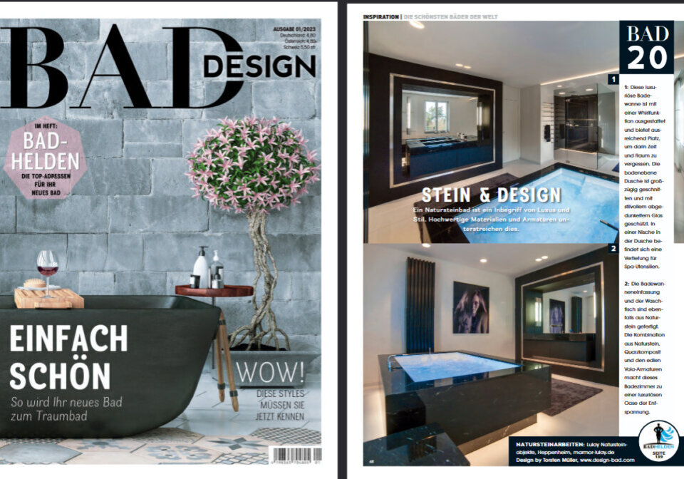 Cover des Magazins BAD DESIGN und Fachartikel „Stein & Design“ über ein von Torsten Müller gestaltetes Luxus-Natursteinbad mit großer Whirlpool-Wanne, realisiert mit Lulay Natursteinobjekte.