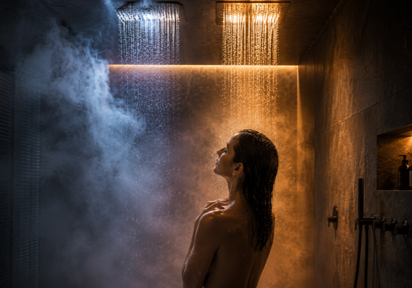 Wechseldusche mit kaltem Nebel und warmem Licht in einem Private Spa. Temperaturzonen unterstützen Aktivierung und Entspannung.