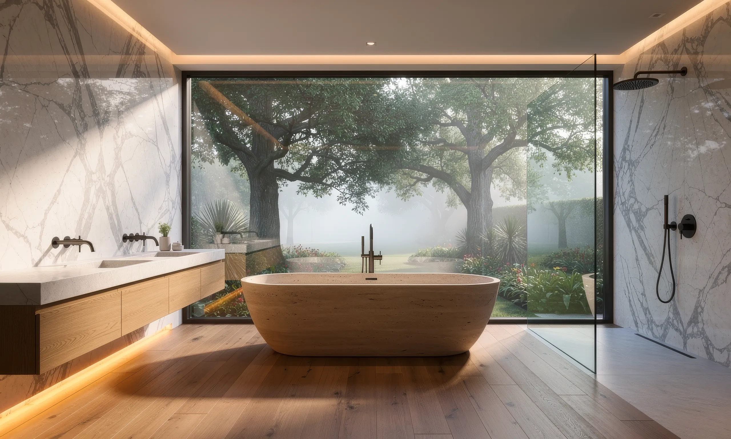 Visualisierung eines Luxusbads: Travertinwanne vor einem Fenster mit Blick in einen nebligen Garten, Marmorwand, Eichenwaschtisch, Regendusche
